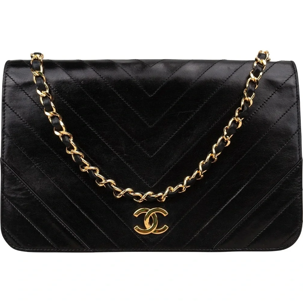 Authentic CHANEL black lambskin leather V stitch single flap 24k gold hardware